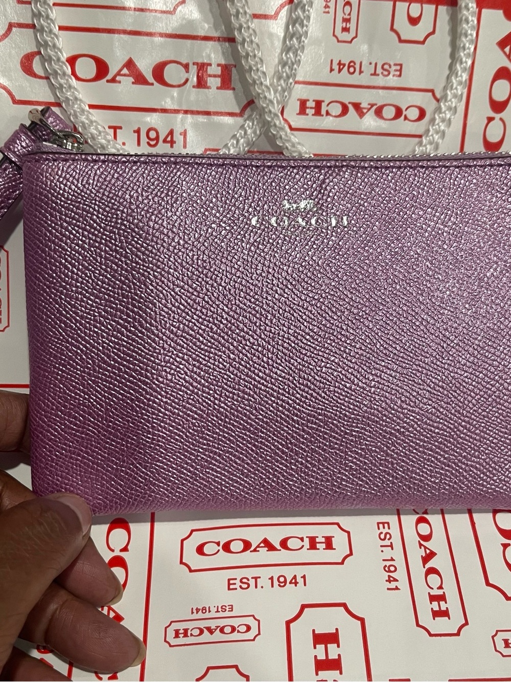 COACH Metallic Lilac Leather Wristlet in Shimmery Lavender